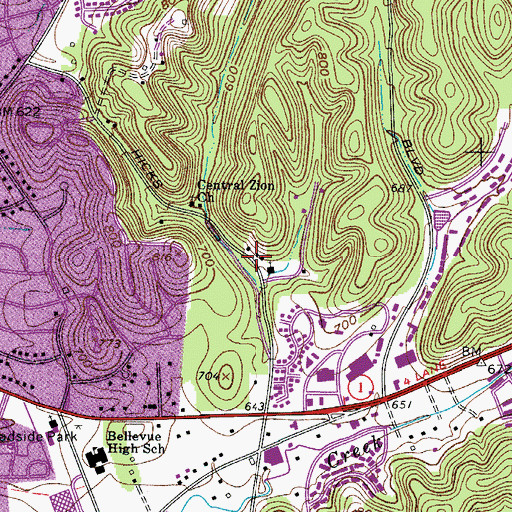 Topographic Map of Bellevue Elementary School, TN