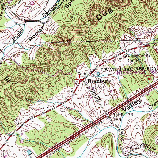 Topographic Map of Bradbury Cemetery, TN
