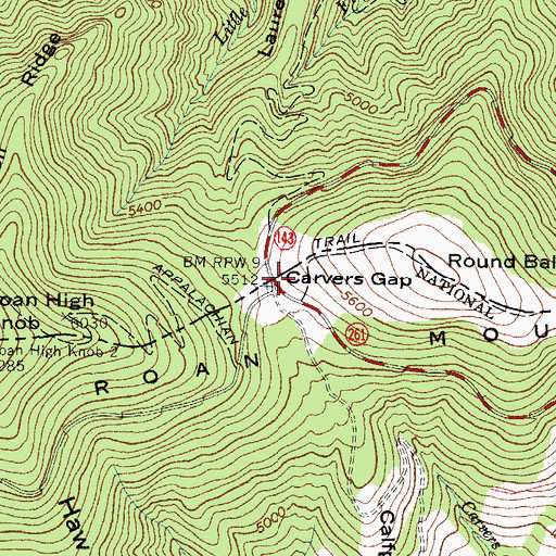 Topographic Map of Carvers Gap, TN