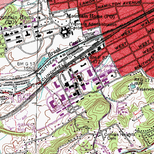 Topographic Map of East Tennessee State University, TN