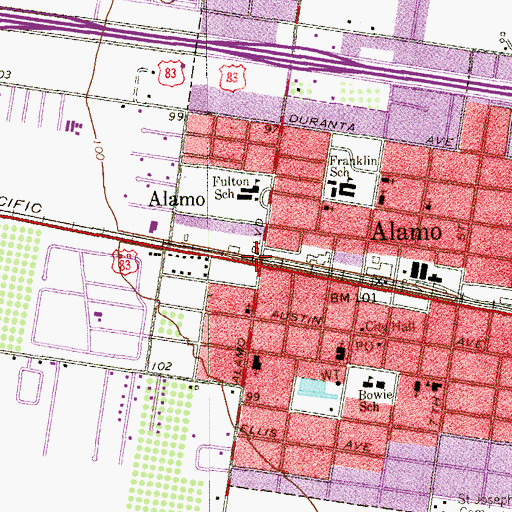 Topographic Map of Alamo, TX