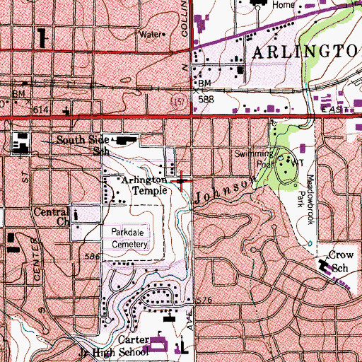 Topographic Map of Arlington Temple, TX