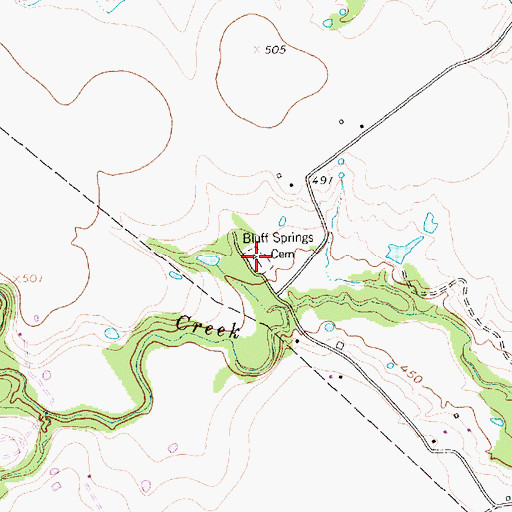 Topographic Map of Bluff Springs Cemetery, TX