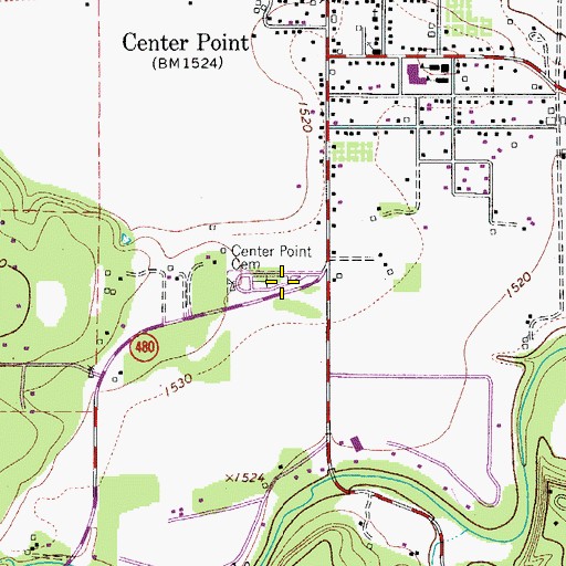 Topographic Map of Center Point Cemetery, TX