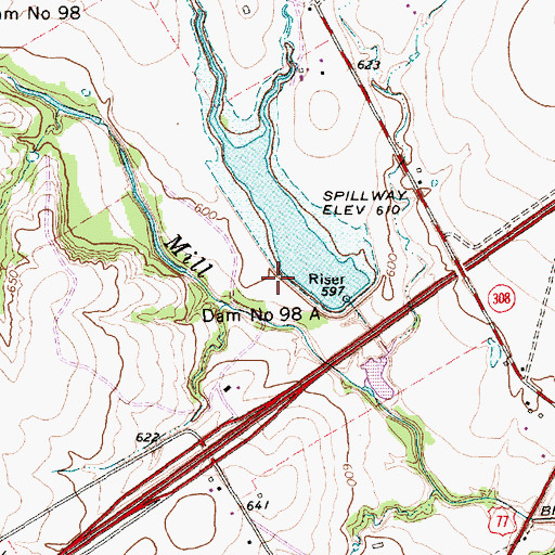 Topographic Map of Dam Number 98A, TX