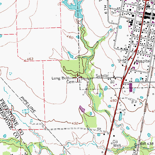 Topographic Map of Long Bottom Cemetery, TX
