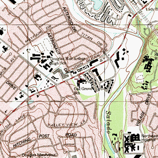 Topographic Map of Oak Grove School, TX