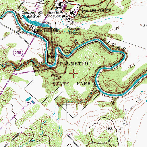 Topographic Map of Palmetto State Park, TX