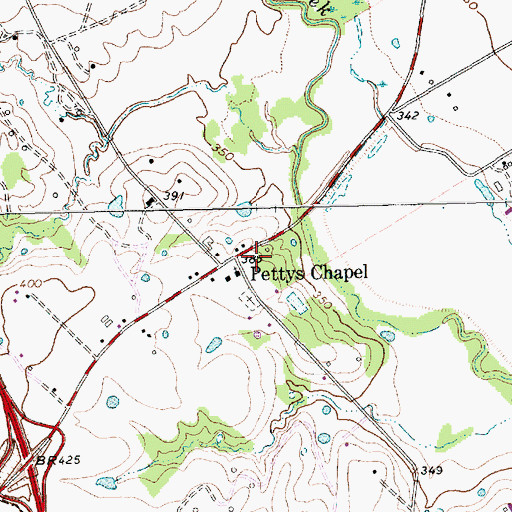 Topographic Map of Pettys Chapel, TX