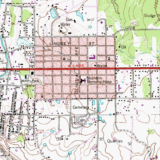 Topographic Map of Stephens Memorial Hospital, TX
