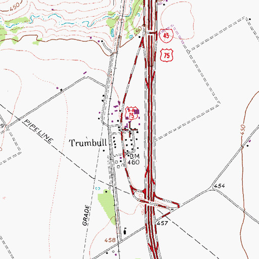 Topographic Map of Trumbull, TX
