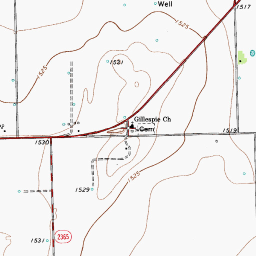 Topographic Map of Gillespie Church, TX