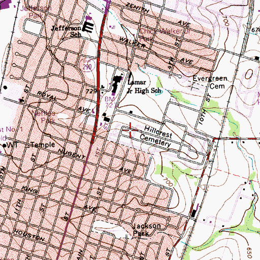 Topographic Map of Hillcrest Cemetery, TX