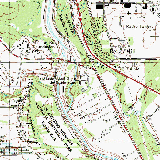 Topographic Map of Mission San Juan de Capistrano, TX