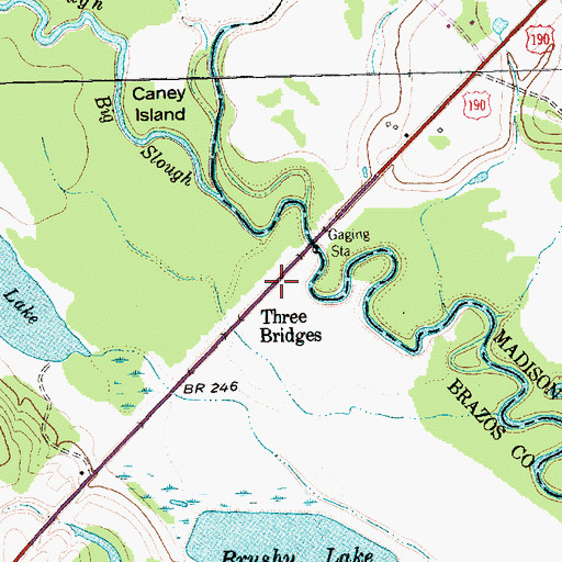 Topographic Map of Three Bridges, TX
