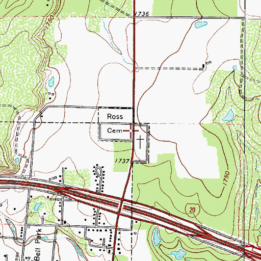 Topographic Map of Ross Cemetery, TX