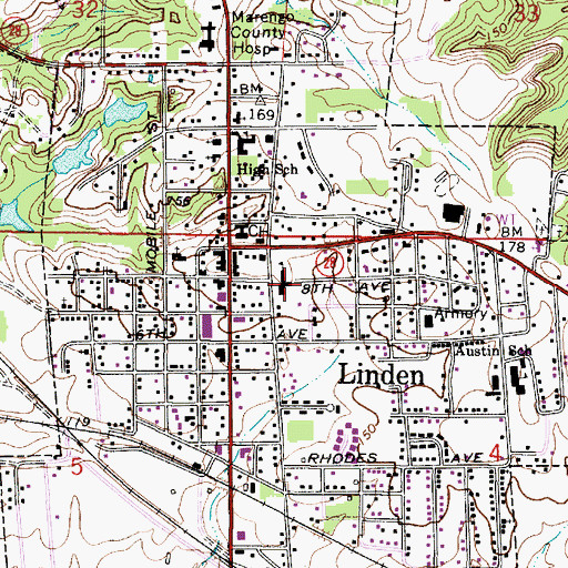 Topographic Map of Linden Elementary School, AL