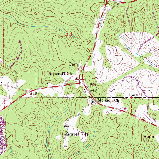 Topographic Map of Ashcraft Corner, AL