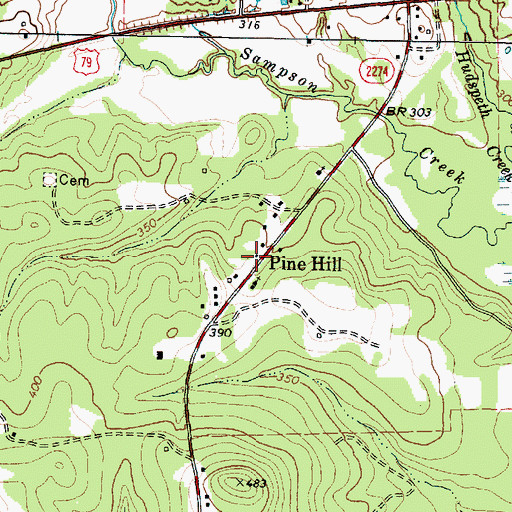 Topographic Map of Pine Hill, TX