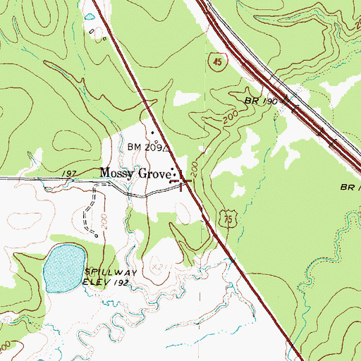 Topographic Map of Mossy Grove, TX