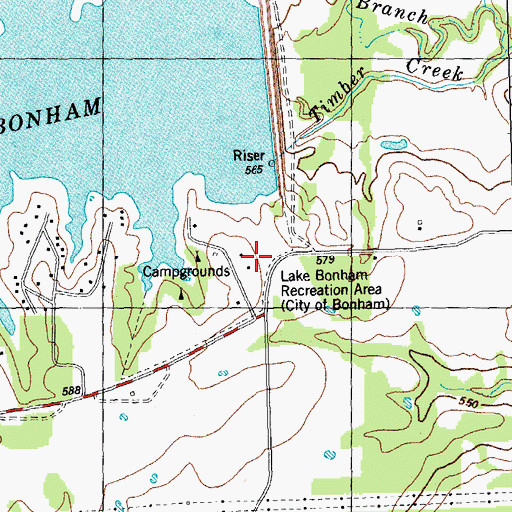 Topographic Map of Lake Bonham Recreation Area, TX
