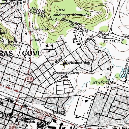Topographic Map of Halstead School, TX