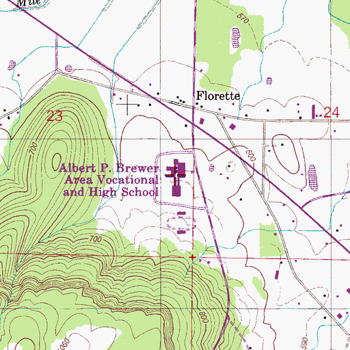 Topographic Map of Albert P Brewer Area Vocational and High School, AL