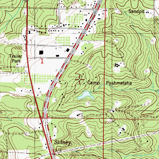 Topographic Map of Camp Pushmataha, AL
