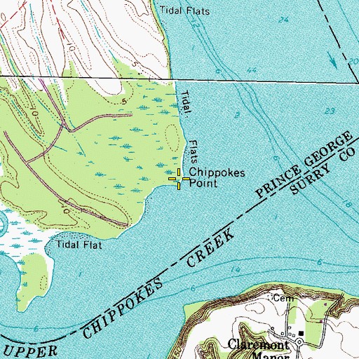 Topographic Map of Chippokes Point, VA