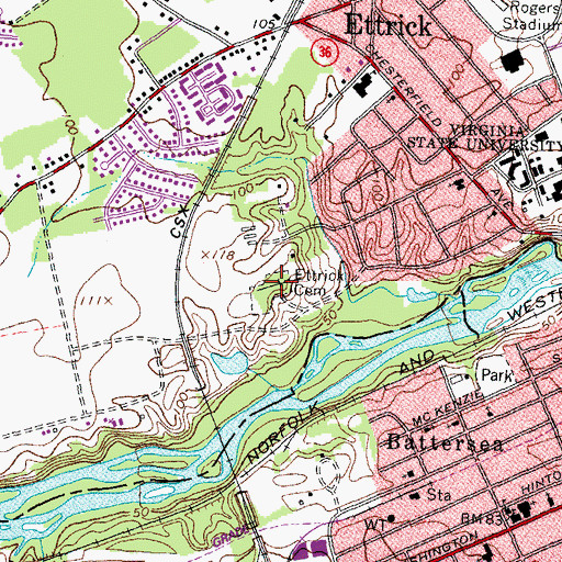 Topographic Map of Ettrick Cemetery, VA