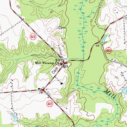 Topographic Map of Mill Swamp Church, VA