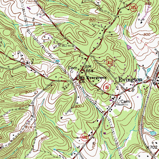 Topographic Map of Mount Evergreen Church, VA