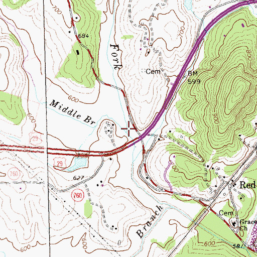 Topographic Map of Middle Branch North Fork Hardware River, VA