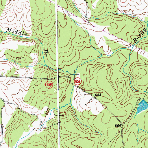 Topographic Map of Middle Branch Rocky Creek, VA