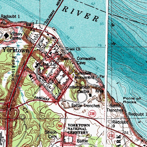 Topographic Map of Yorktown Monument, VA