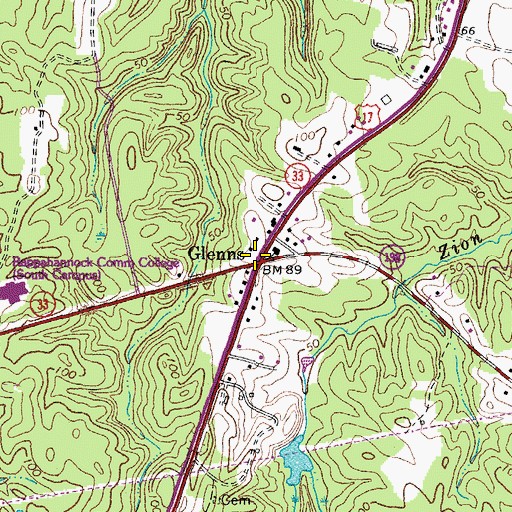 Topographic Map of Glenns, VA