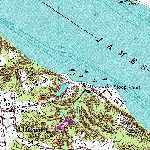 Topographic Map of Claremont Wharf, VA