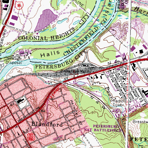 Topographic Map of Broadway Yards, VA