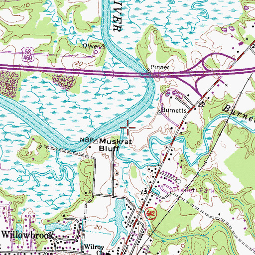 Topographic Map of Burnetts Mill Creek, VA