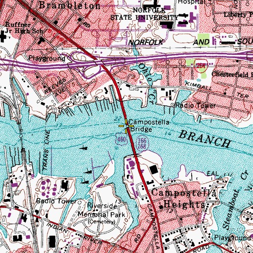 Topographic Map of Campostella Bridge, VA