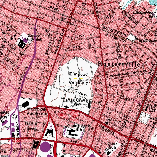 Topographic Map of Elmwood Cemetery, VA