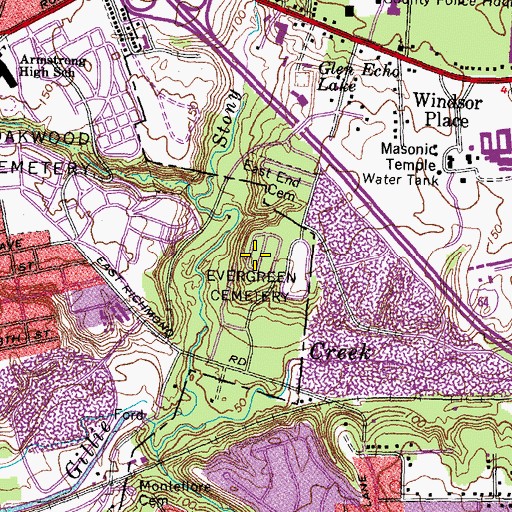 Topographic Map of Evergreen Cemetery, VA