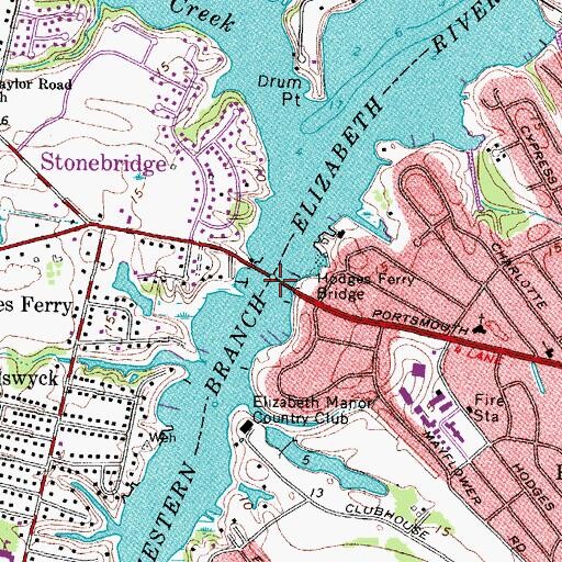 Topographic Map of Hodges Ferry Bridge, VA