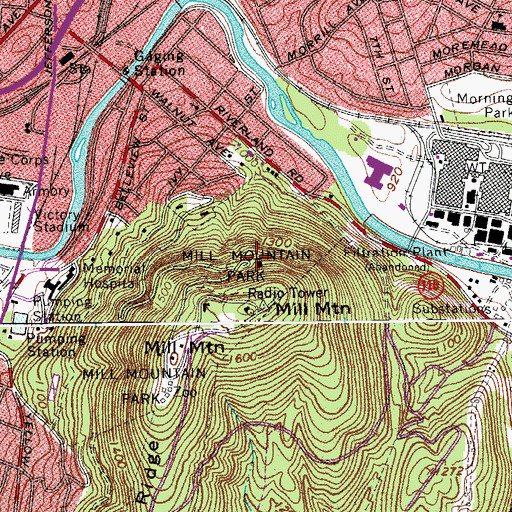 Topographic Map of Mill Mountain Park, VA