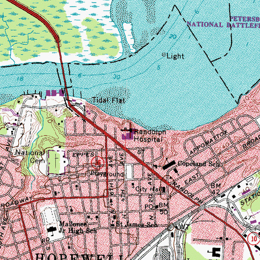Topographic Map of John Randolph Medical Center, VA