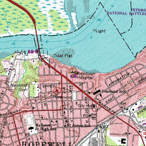 Topographic Map of John Randolph Medical Center, VA