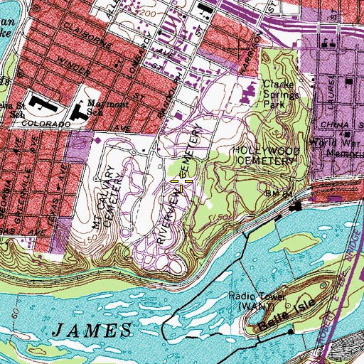 Topographic Map of Riverview Cemetery, VA
