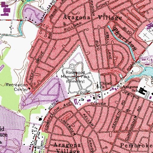 Topographic Map of Rosewood Memorial Park, VA