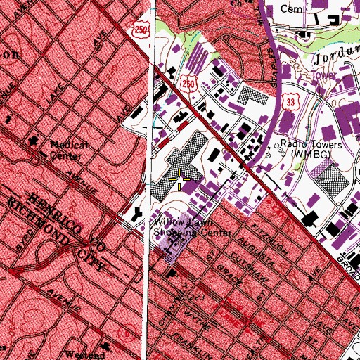 Topographic Map of Willow Lawn Shopping Center, VA