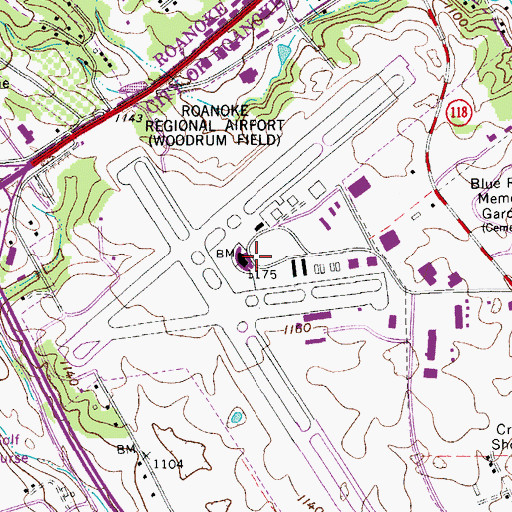 Topographic Map of Roanoke-Blacksburg Regional Airport/Woodrum Field, VA